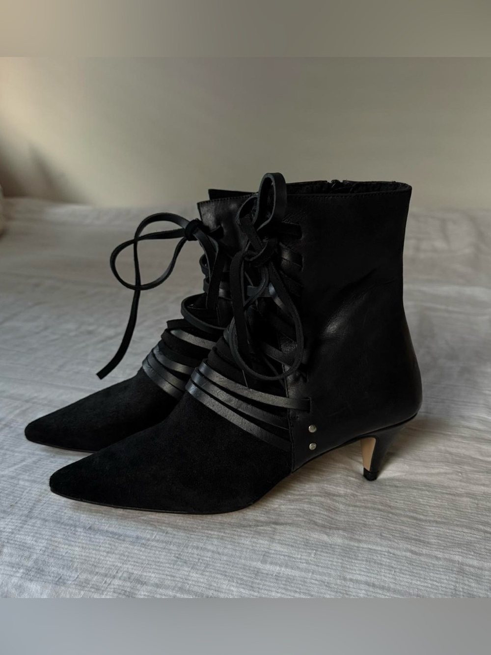 Free People Juliette Heel Boot Black Leather Suede Lace Up Kitten Heel Boots 36